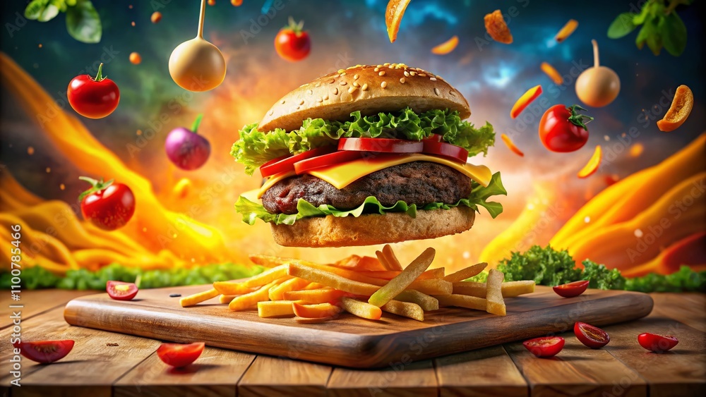 Poster surreal beef sandwich with fries: a dreamy culinary experience blending reality and imagination, fea
