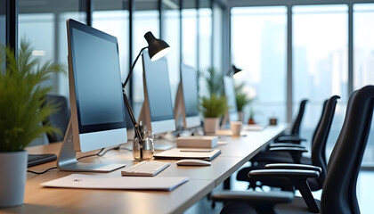 Naklejka premium computer laptop working team on table office