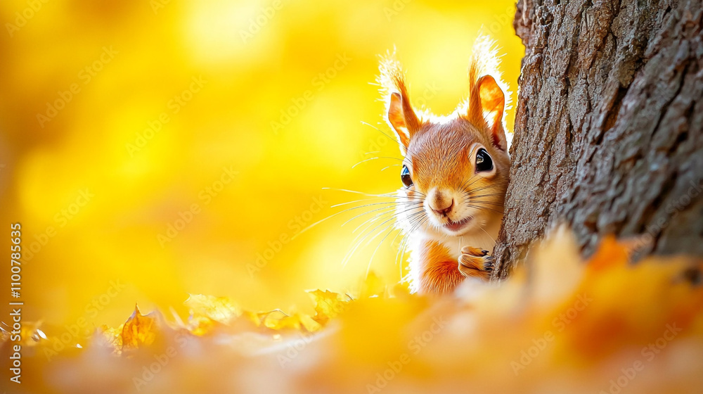 Poster squirrel peeking from behind a tree in a golden autumn forest setting