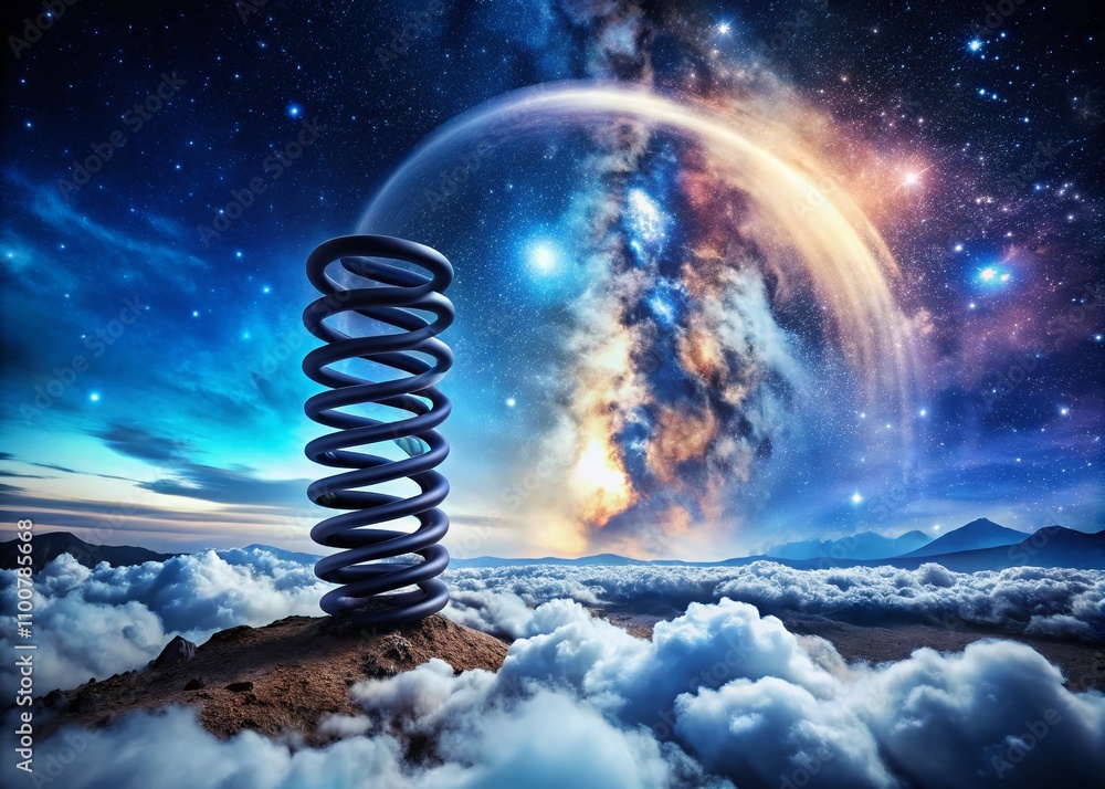Aufkleber surreal black coil spring in a dreamlike landscape with floating clouds and abstract shapes under a 