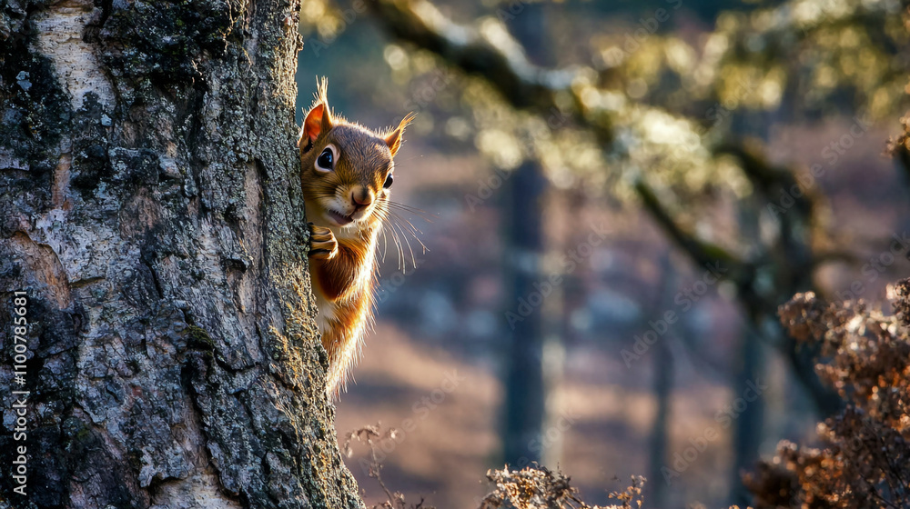 Poster squirrel peeking from behind a tree trunk in a tranquil forest setting