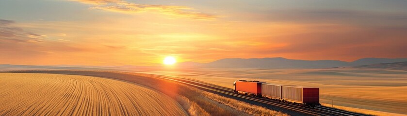 Fototapeta premium A sunset view of a freight train traveling through golden fields.