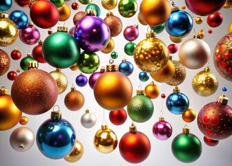 Surreal Christmas Orbs: A Dreamy Arrangement of Colorful Christmas Balls Floating Against a Pure White Background for an Enchanting Holiday Aesthetic