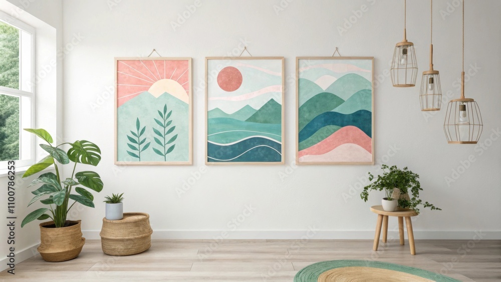 Poster simple artwork hangs on the walls featuring abstract shapes and soothing colors that inspire creativ