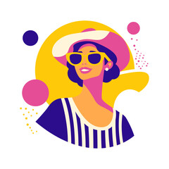 Beautiful Girl Character Wearing Sunglasses and Hat Fashion in Retro Style with Memphis Decoration