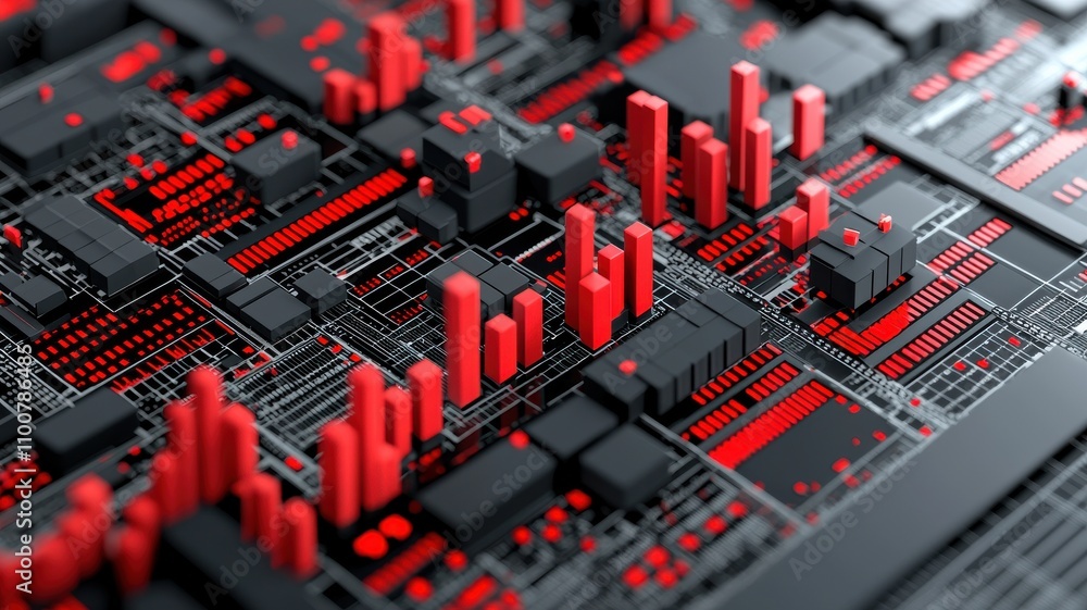 Poster abstract digital circuit design with red and black elements.