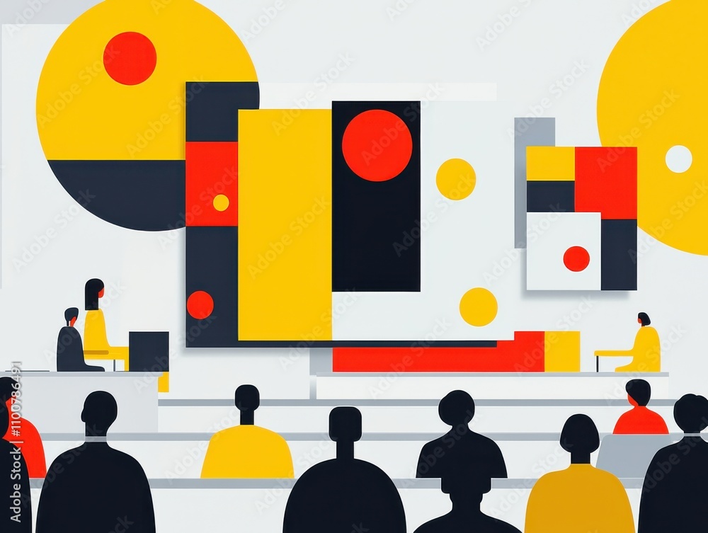 Poster abstract conference scene with colorful geometric design elements.