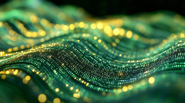 Flowing stream of binary code in green and yellow hues, representing data transfer and technology


