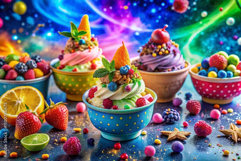 Aufkleber surreal colorful frozen yogurt in cups with whimsical toppings and dreamy backgrounds that create a 