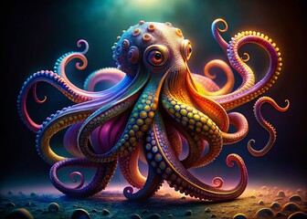 Obraz premium Surreal Colorful Octopus with Eight Glowing Tentacles in Vibrant Shades of Purple, Blue, Green, Yellow, Orange, and Red Against a Dark Background for Artistic Imagery