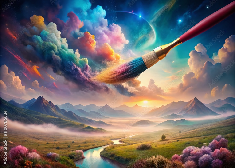 Poster surreal composition of a paintbrush creating a dreamlike landscape with floating colors, abstract sh
