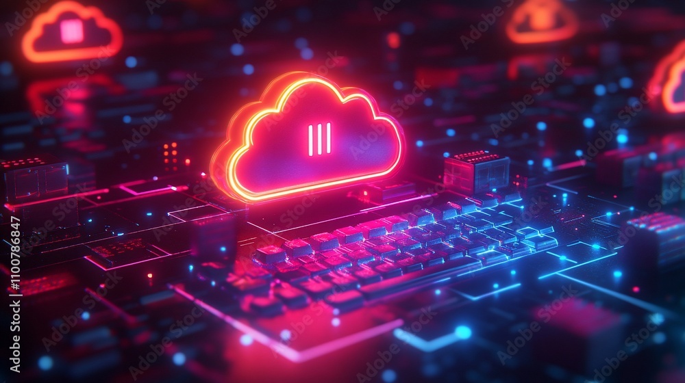 Poster neon cloud computing icon on a circuit board.