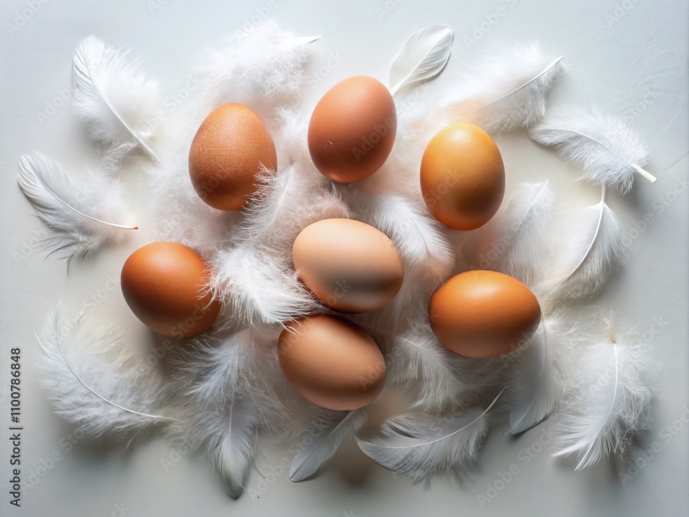 Poster surreal composition of brown eggs on a white background with dreamlike elements and playful shadows 
