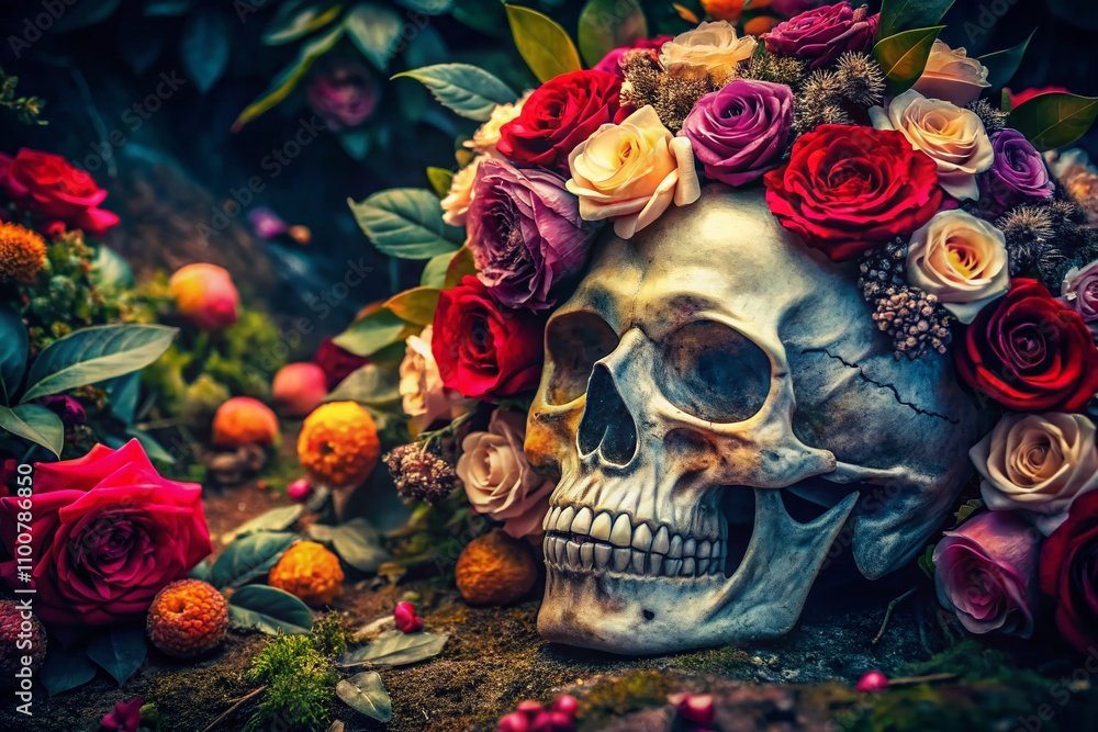 Poster surreal composition of a skull surrounded by vibrant rose flowers and nature elements in a dreamlike