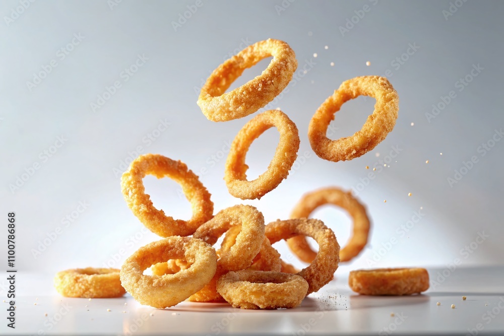 Poster surreal composition of crispy fried onion rings floating above a white background with dreamlike ele