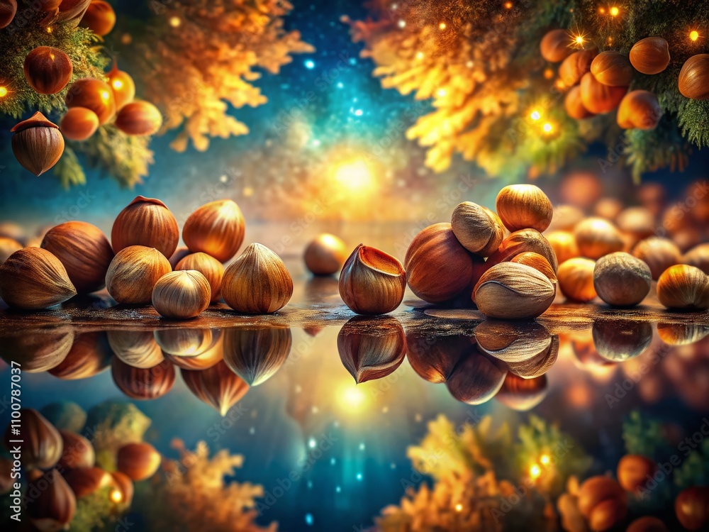 Poster surreal composition of peeled roasted hazelnuts surrounded by dreamlike elements in a vivid, whimsic