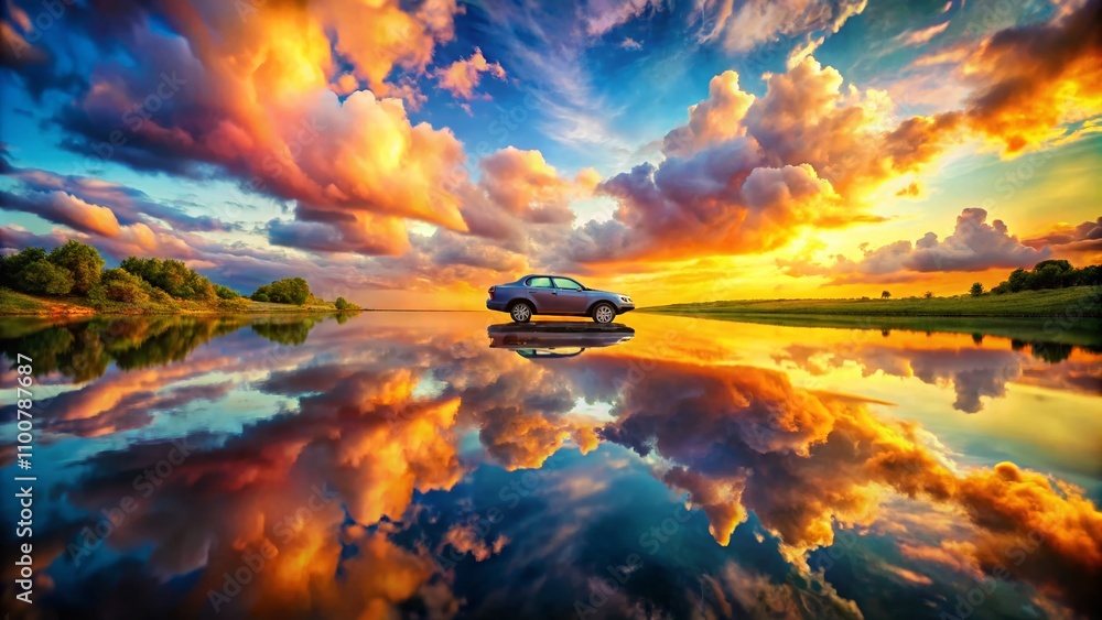 Poster surreal dreamscape of a floating car in a whimsical landscape with colorful clouds and distorted ref