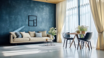 Fototapeta premium Loft interior design modern living room with blue stucco wall