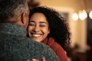 Obraz premium A group of family members sharing a big hug before sitting down for Thanksgiving dinner. The kitchen is filled, Generative AI
