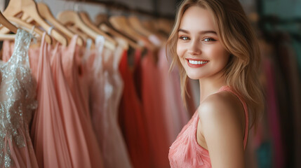 Smiling girl trying on prom dresses in clothing store. Dress rental for various occasions and events.