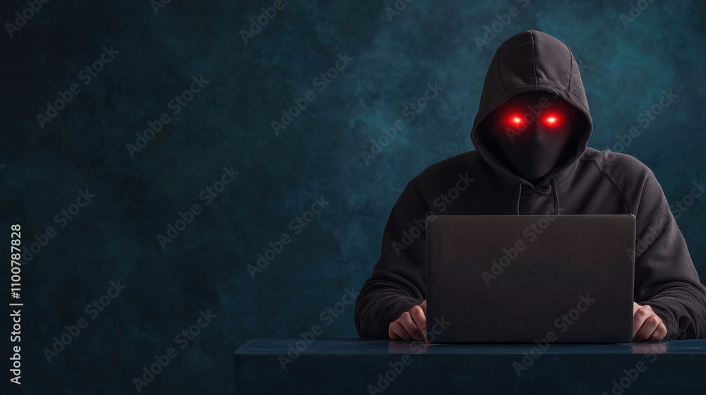 Poster mysterious hacker in black hoodie with red glowing eyes sits at laptop, creating intense atmosphere.