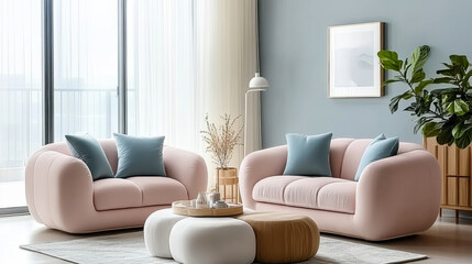 Fototapeta premium Pink Japandi minimalist interior design sofa modern living room