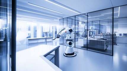 A robot conducting automated environmental simulations in a modern climate research center with clean, organized simulation stations and advanced environmental simulation equipment