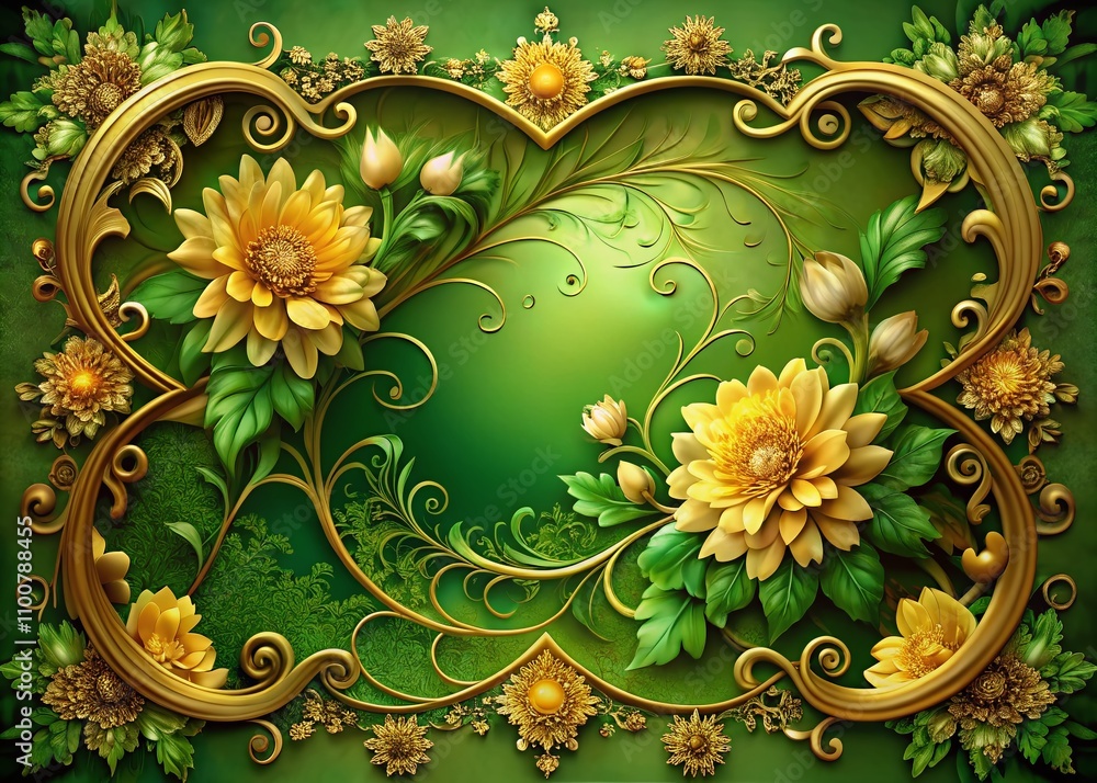 Poster surreal floral design in green and gold with curved borders and a gradient background transitioning 