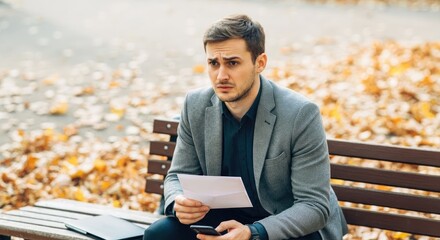 Obraz premium Young Caucasian man in gray blazer sits on bench reading letter, surrounded by autumn leaves