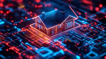Obraz premium Smart home technology concept a digital house model on a circuit board.