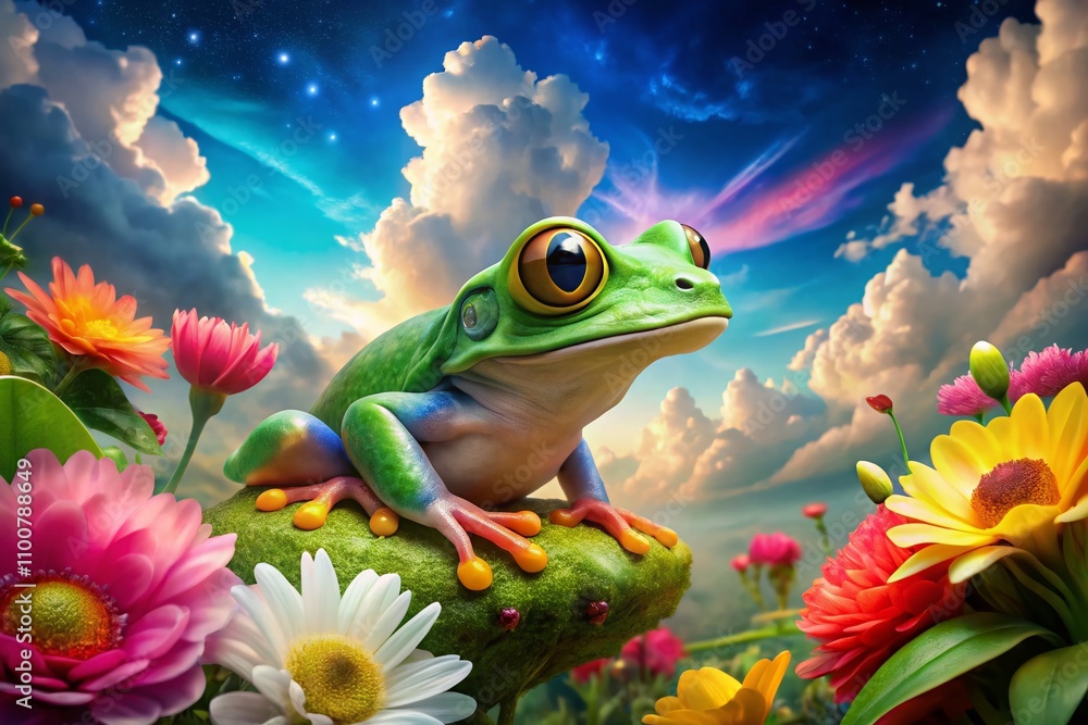 Poster surreal frog design: captivating green amphibian in an abstract landscape with dreamy elements and v