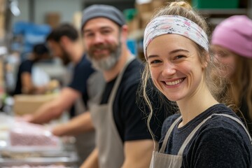 Fototapeta premium A group of friends volunteering at a local food bank on Thanksgiving morning. They are packing meals and spreading, Generative AI