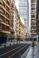 Urban street view with historic European-style buildings and modern skyscraper in downtown Buenos Aires, Argentina featuring classic European-style architecture alongside modern skyscrapers.
