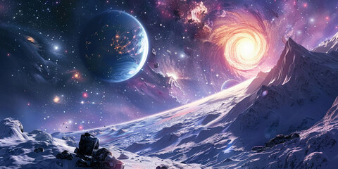 Fototapeta premium An aweinspiring cosmic panorama with swirling nebulae distant planets 