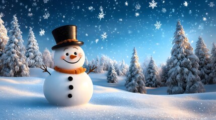 Obraz premium Happy Snowman In A Winter Wonderland Scene