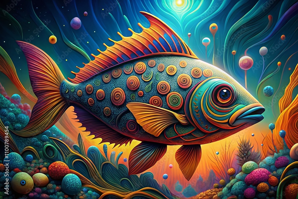 Poster surreal hand-drawn line art of a unique fish with abstract features and dreamlike elements for creat