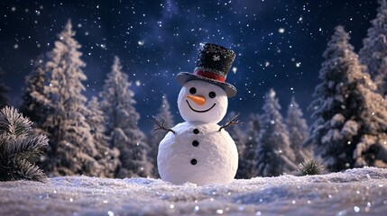 Obraz premium Happy Snowman in Winter Wonderland Night Scene