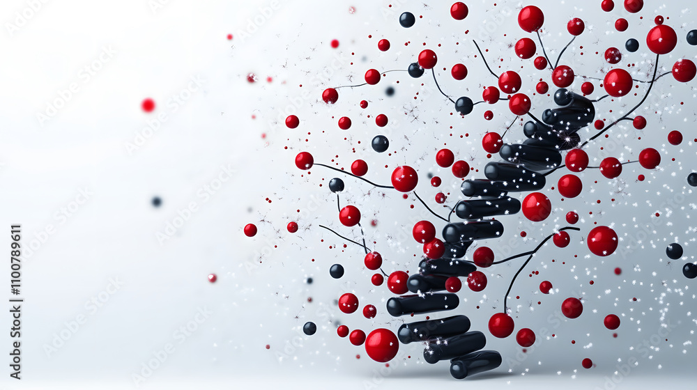 Poster A dynamic, abstract representation of molecular structures, featuring black and red spheres connected by thin lines against a light background