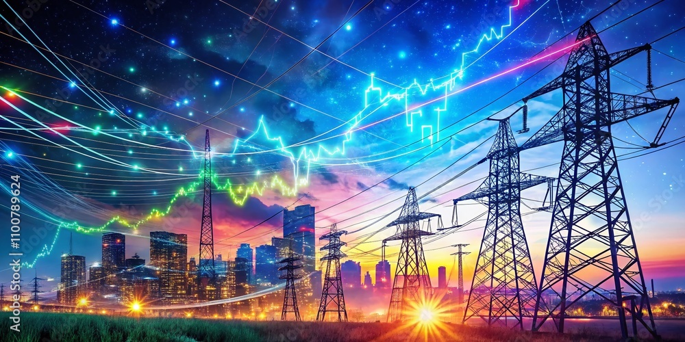 Poster surreal high-tech power grid interface with dynamic data analysis, price graphs, and market trends i