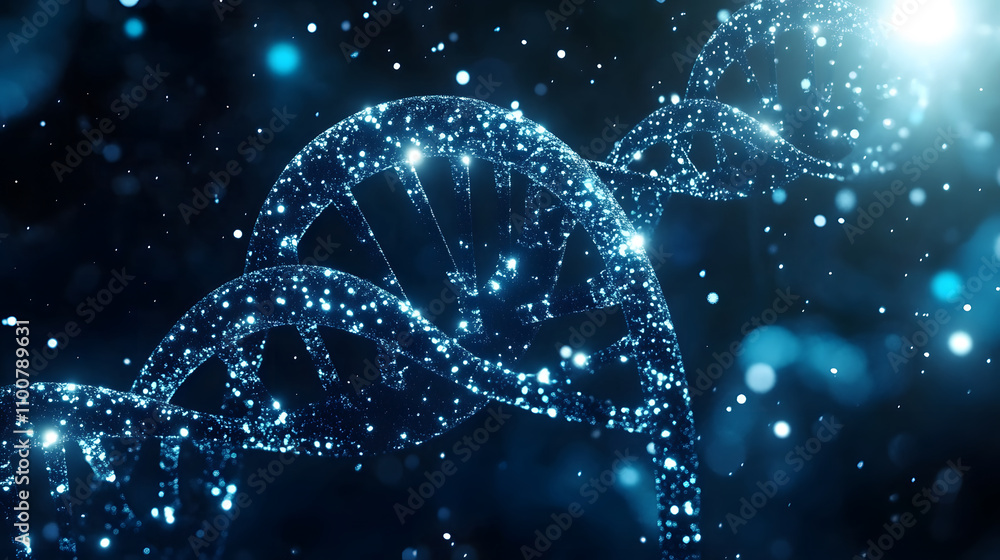 Poster A visually captivating depiction of a DNA double helix intertwined with sparkling particles against a dark background, symbolizing life and genetic information
