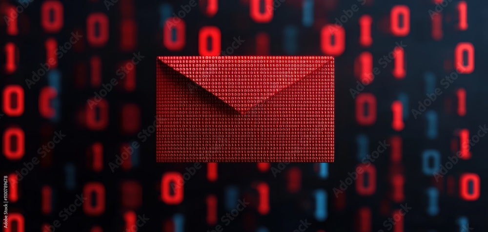 Poster Red envelope digital backdrop concept. A digital representation of a red envelope against a backdrop of binary code, symbolizing communication and data exchange in a high-tech environment.