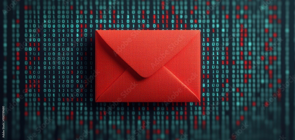 Fototapete Red envelope digital backdrop concept. A red envelope rests on a digital background, symbolizing communication and data in a tech-driven world.