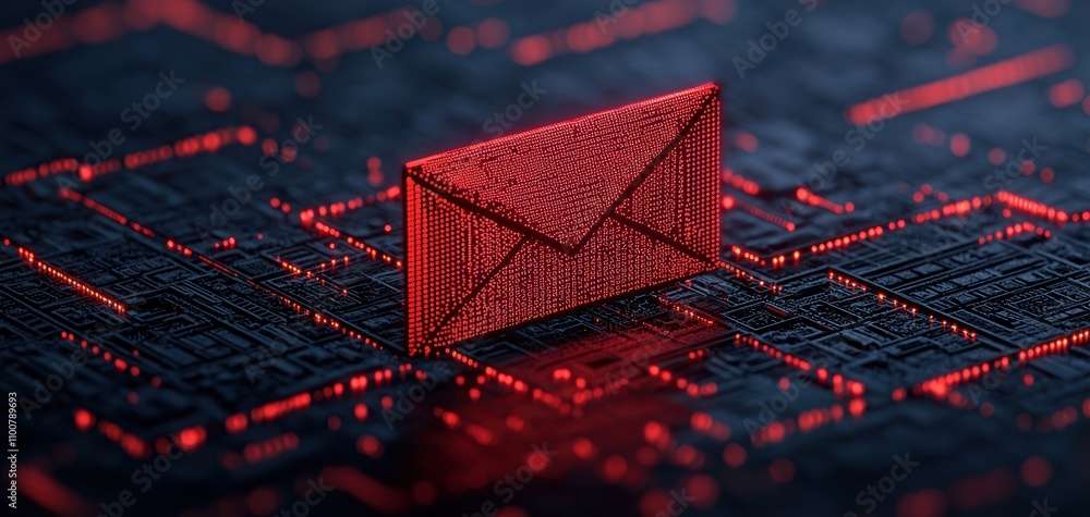 Poster Red envelope digital backdrop concept. A digital representation of a red envelope on a circuit-like background, symbolizing communication or data transfer in a tech environment.