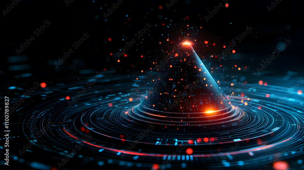 Poster a vibrant, swirling digital landscape with glowing particles and concentric circles, evoking a sense