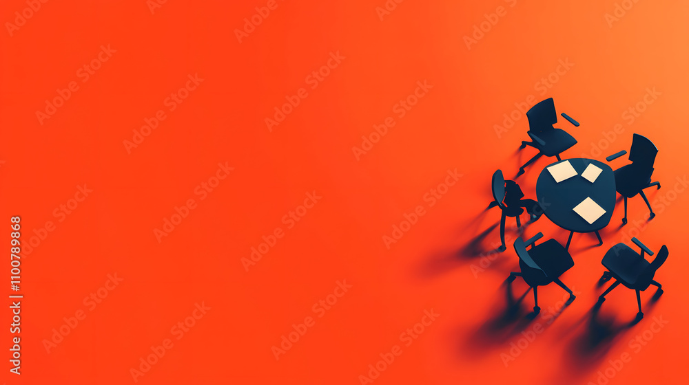 Aufkleber A modern meeting setup with a round table and chairs on a vibrant orange background, creating a dynamic and engaging atmosphere