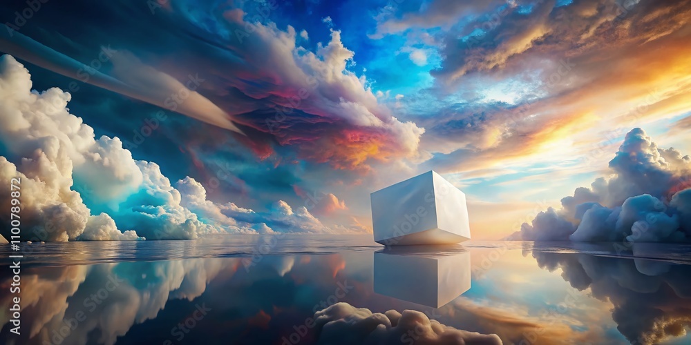 Poster surreal imagery of a blank white package floating in an ethereal landscape surrounded by dreamlike e