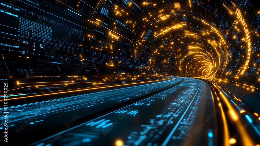 Poster A vibrant digital tunnel filled with glowing lines and binary code, representing advanced technology and data flow