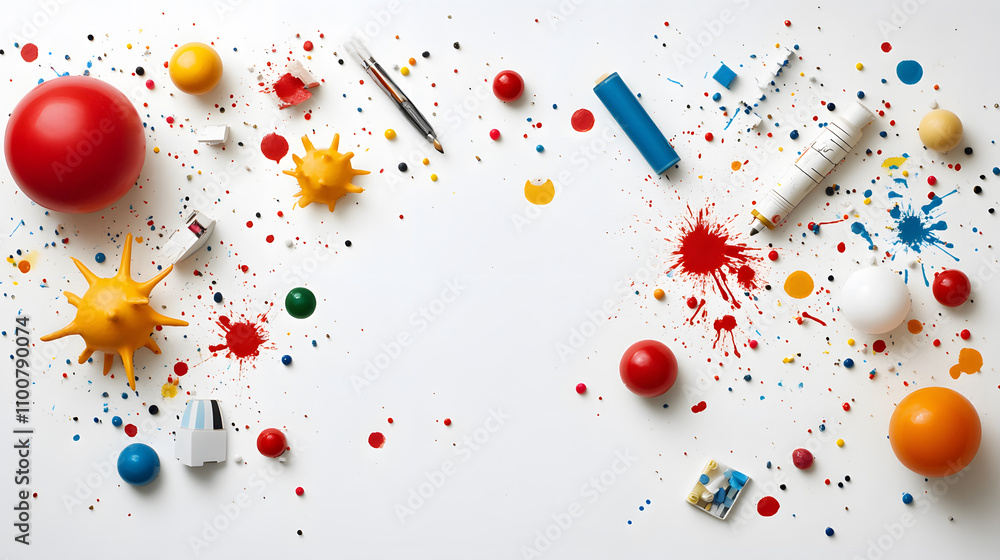 Poster A vibrant arrangement of colorful objects and paint splatters on a white surface, showcasing creativity and artistic expression