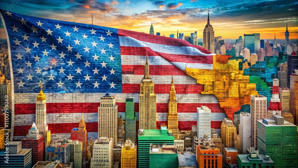 Poster surreal interpretation of new york's map forming the shape of a flag, blending urban landscapes with