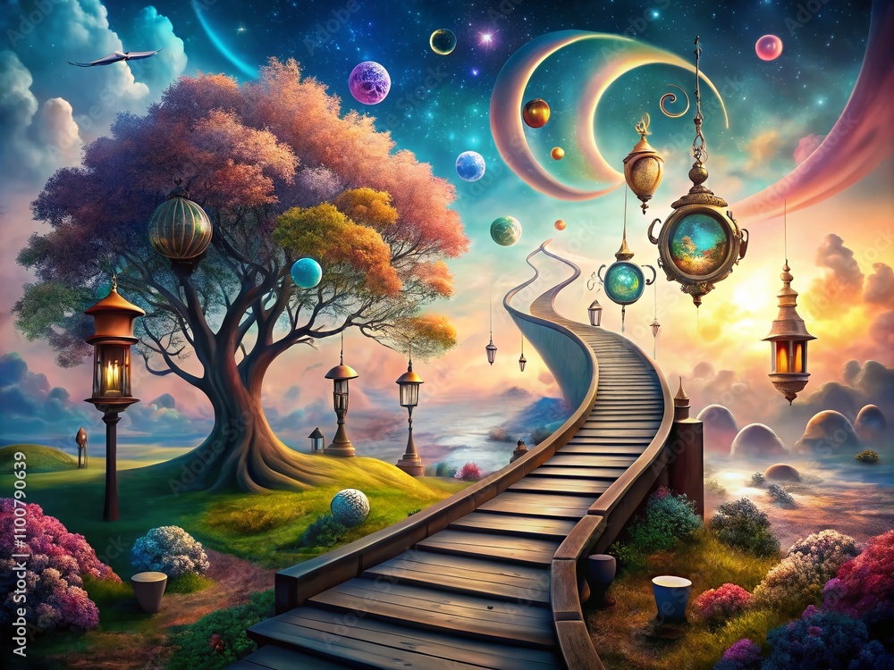 Poster surreal landscape of a mystical pathway with floating objects leading to an enigmatic destination in